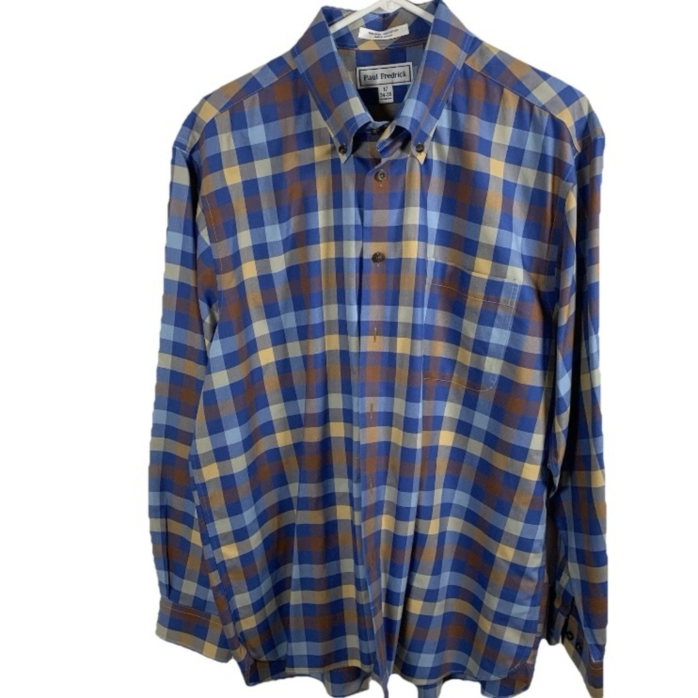 Paul Fredrick Men Non‎ Iron Dress Shirt Long Sleeve 17 34 Cotton Blue Check EUC